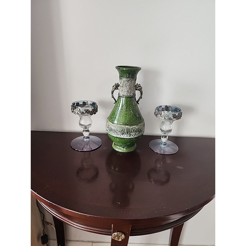 Japanese  (Green) Brass Art Patterns Flower Vase Home Office Culture Decor VTG
